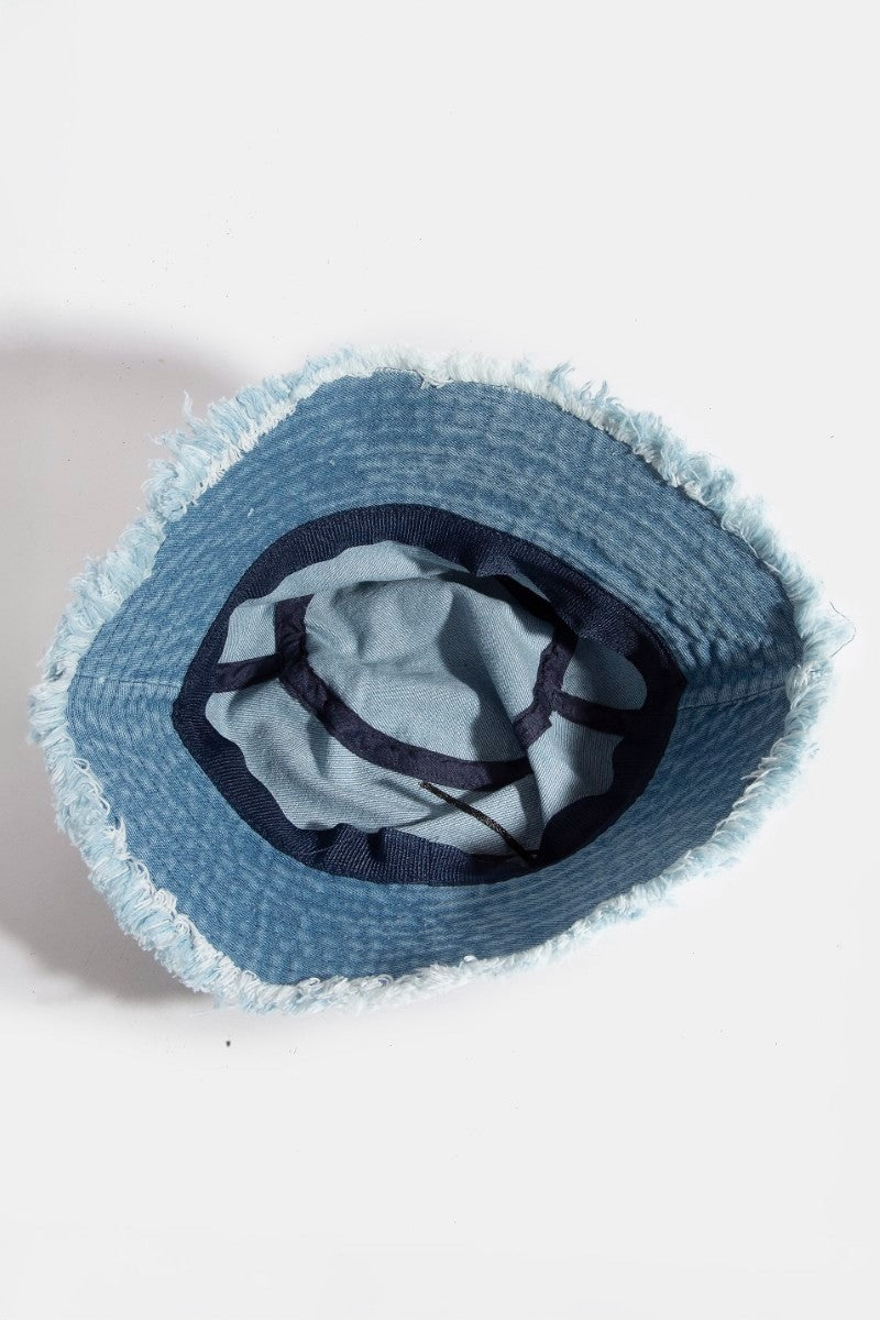 Frayed Denim Trim Ribbon Bow Charms Bucket Hat