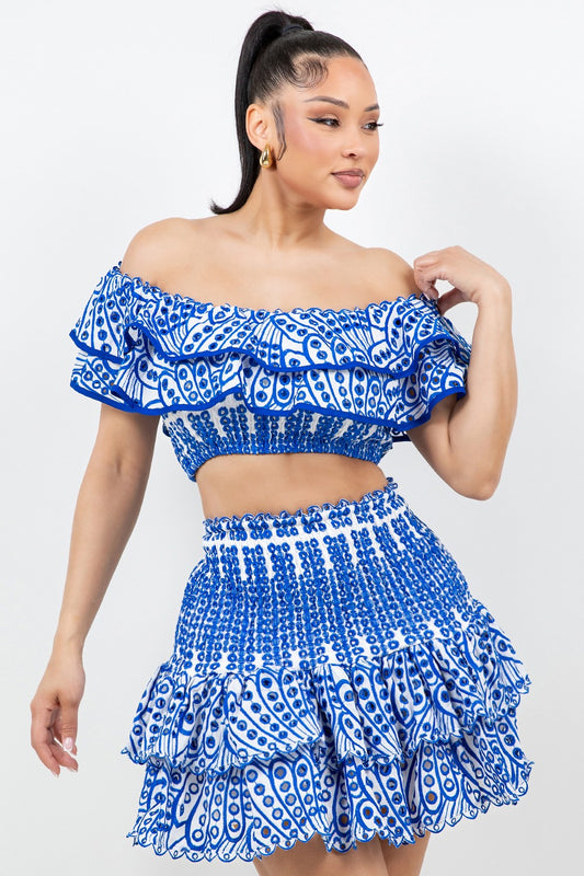 Two-Piece Embroidered Skirt Set- Blue/White
