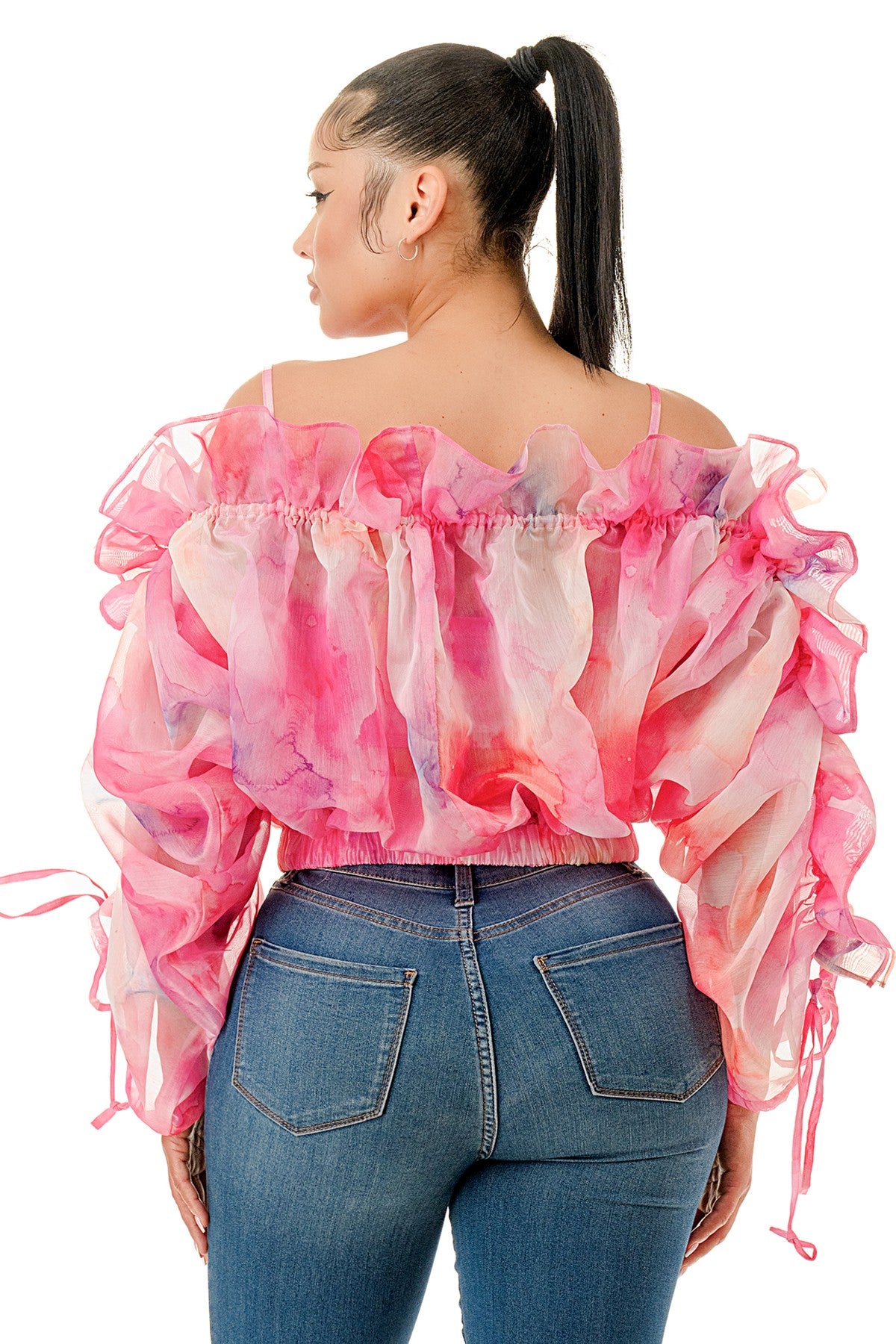Plus Size Off The Shoulder Long Sleeve Ruffle Sheer Top- Green or Pink