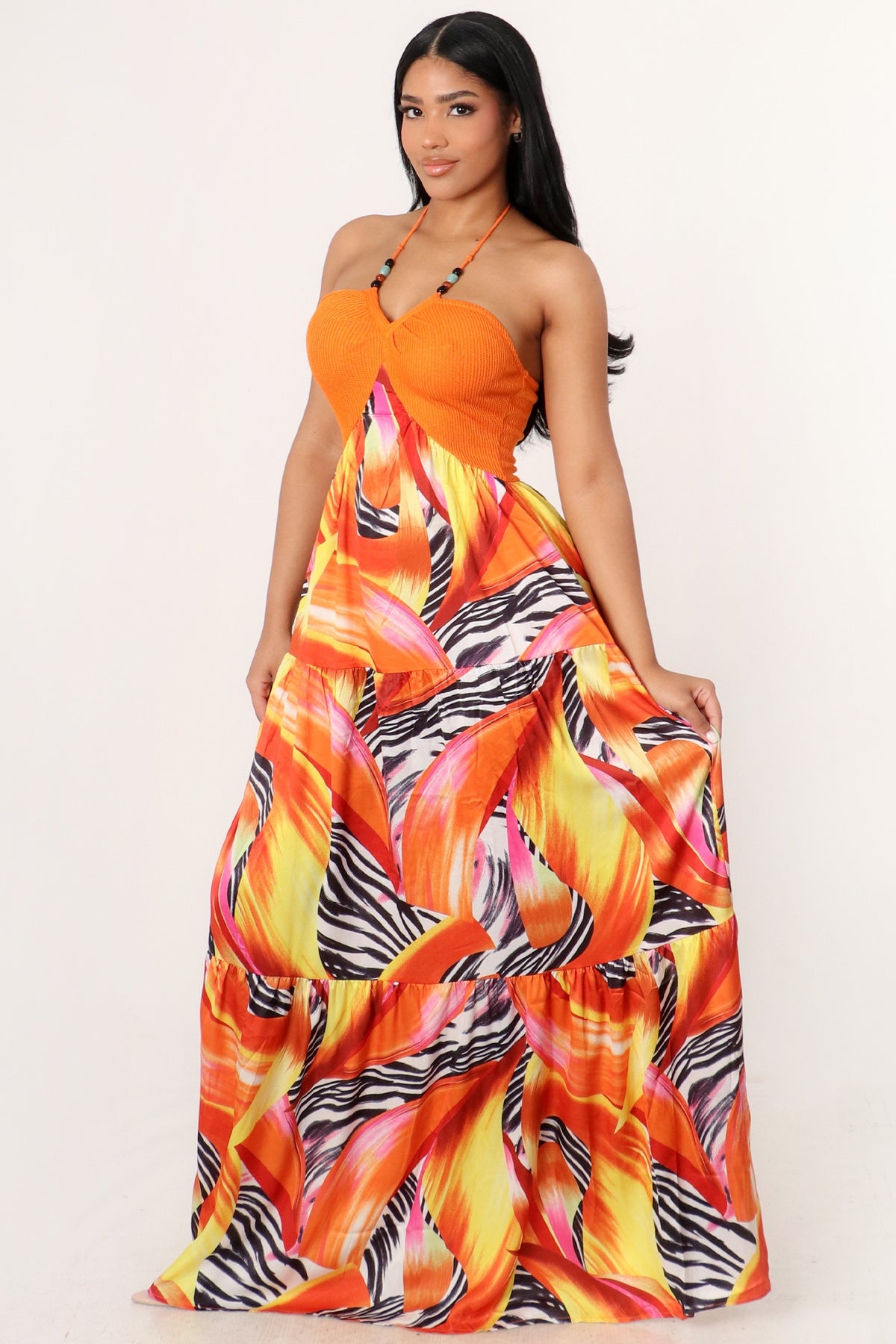 Vestido Longo Floral com Estampa Animal e Gola Halter - Laranja
