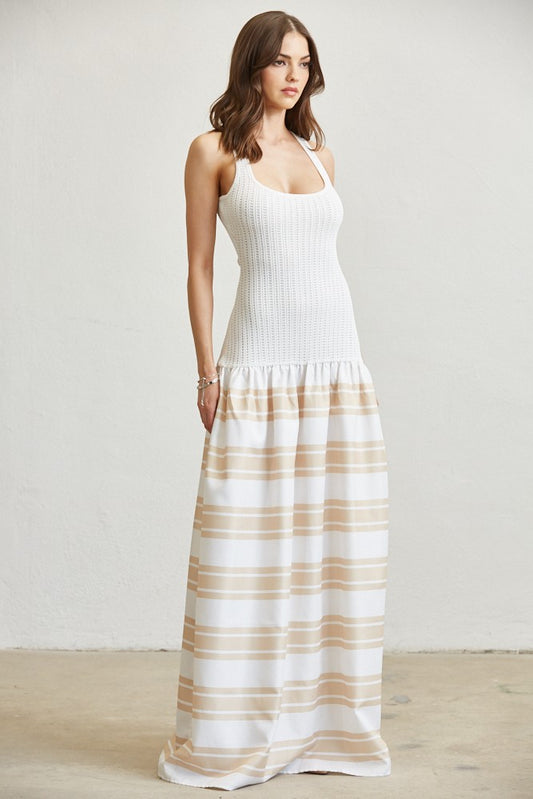 Knit Stripe Combo Maxi Dress- White