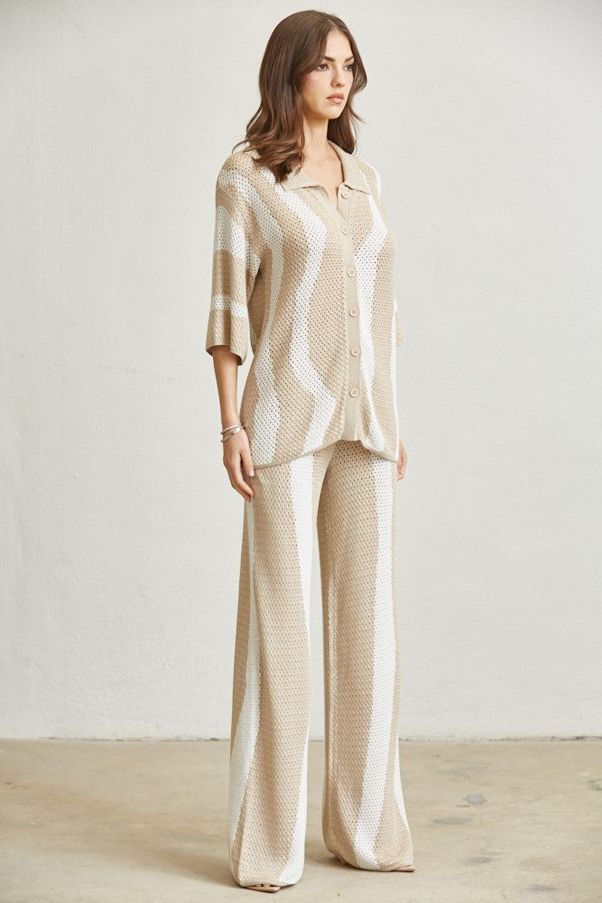 Rich Look Wavy Knit Top & Pants Set- Nude