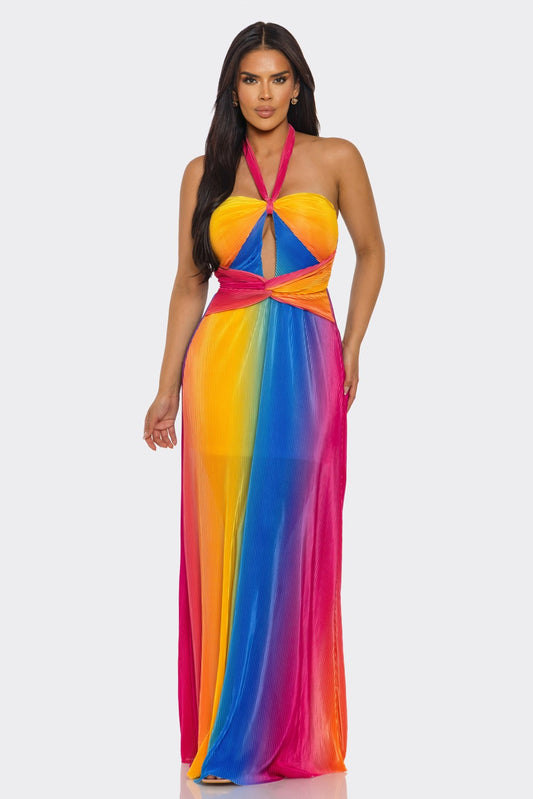 Halter Neck Tie Rainbow Maxi Dress