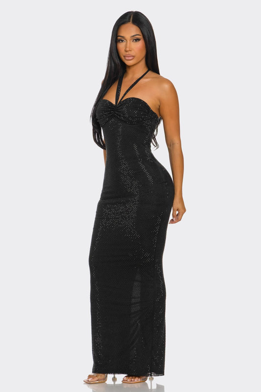 Corset-Style Halterneck Shimmering Maxi Dress- Black