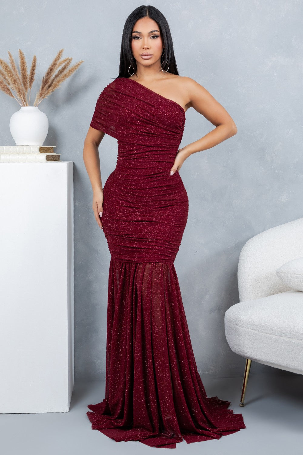 Glitter Mesh Maxi Dress- Red S