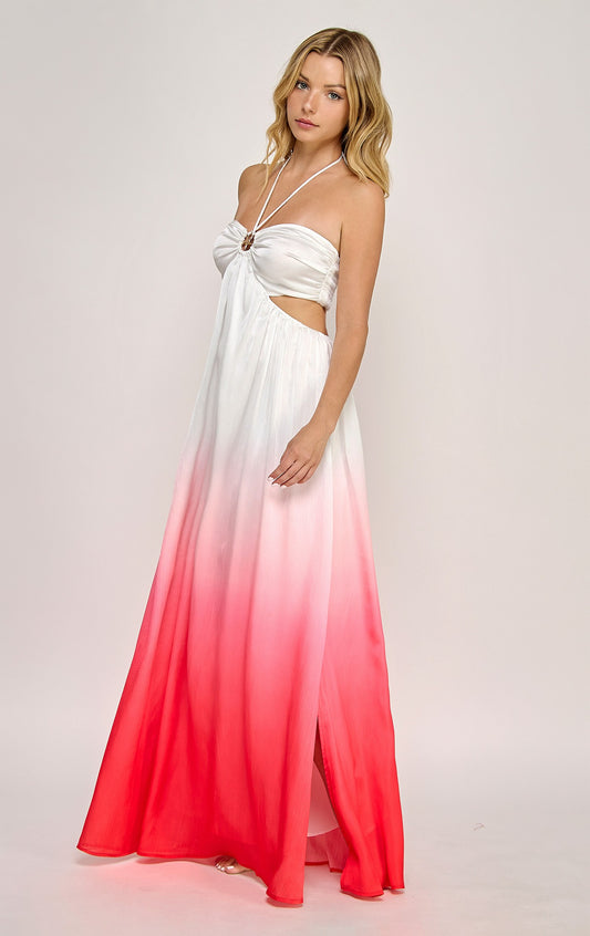Ombre Starfish Trim Halter Neck Maxi Dress- Strawberry
