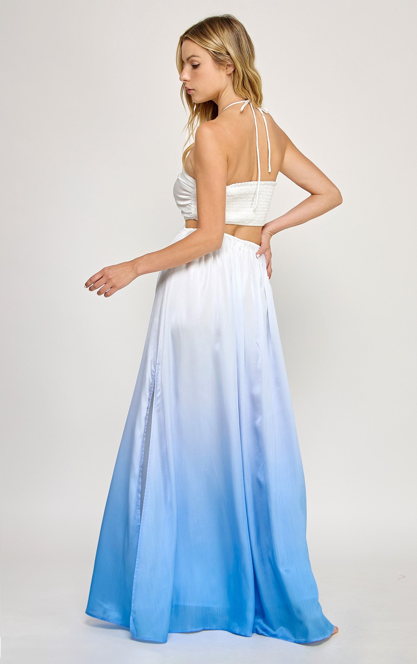 Ombre Starfish Trim Halter Neck Maxi Dress- Sea Blue