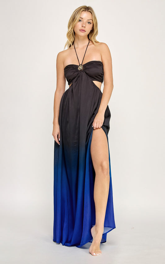 Ombre Ammonite Trim Halter Neck Maxi Dress- Black/Blue
