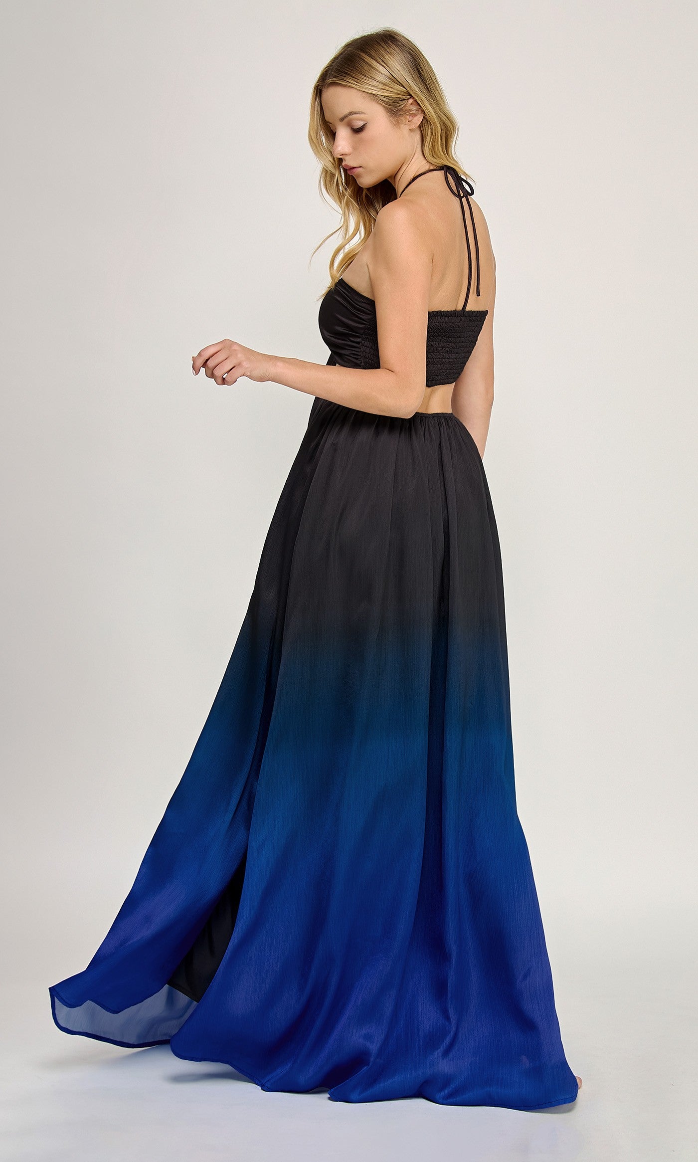 Ombre Ammonite Trim Halter Neck Maxi Dress- Black/Blue