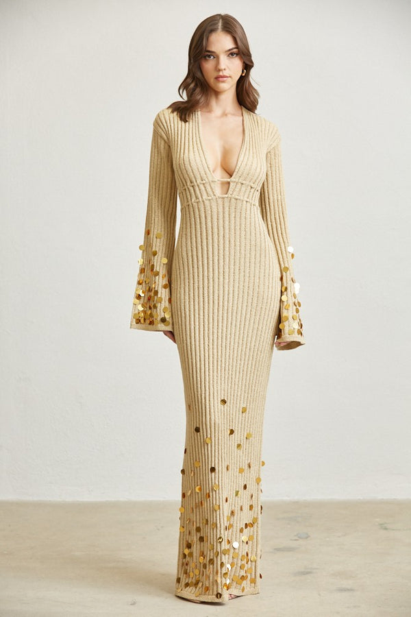 Classy Moment Glistening Sequin Maxi Dress- Gold