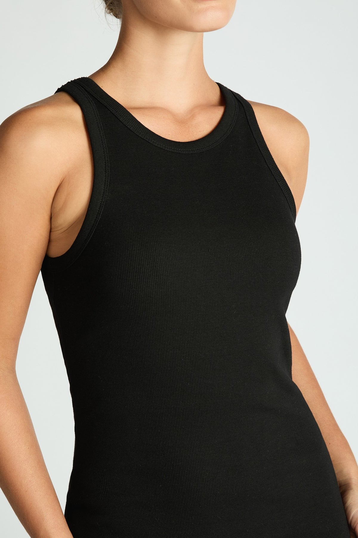 Comfort Collection: Ribbed Sleeveless Built In Bra Dress- Black/Cinnamon/Grey