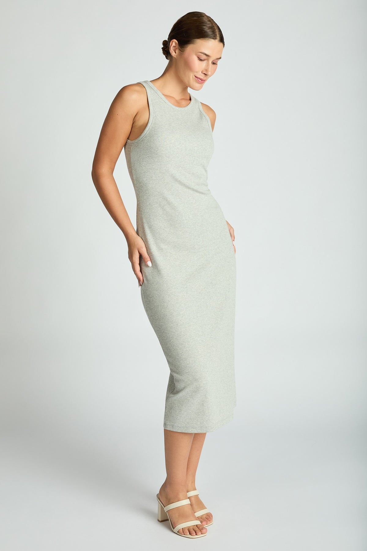 Comfort Collection: Ribbed Sleeveless Built In Bra Dress- Black/Cinnamon/Grey