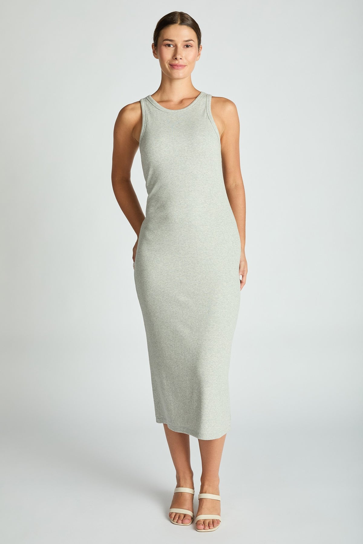 Comfort Collection: Ribbed Sleeveless Built In Bra Dress- Black/Cinnamon/Grey