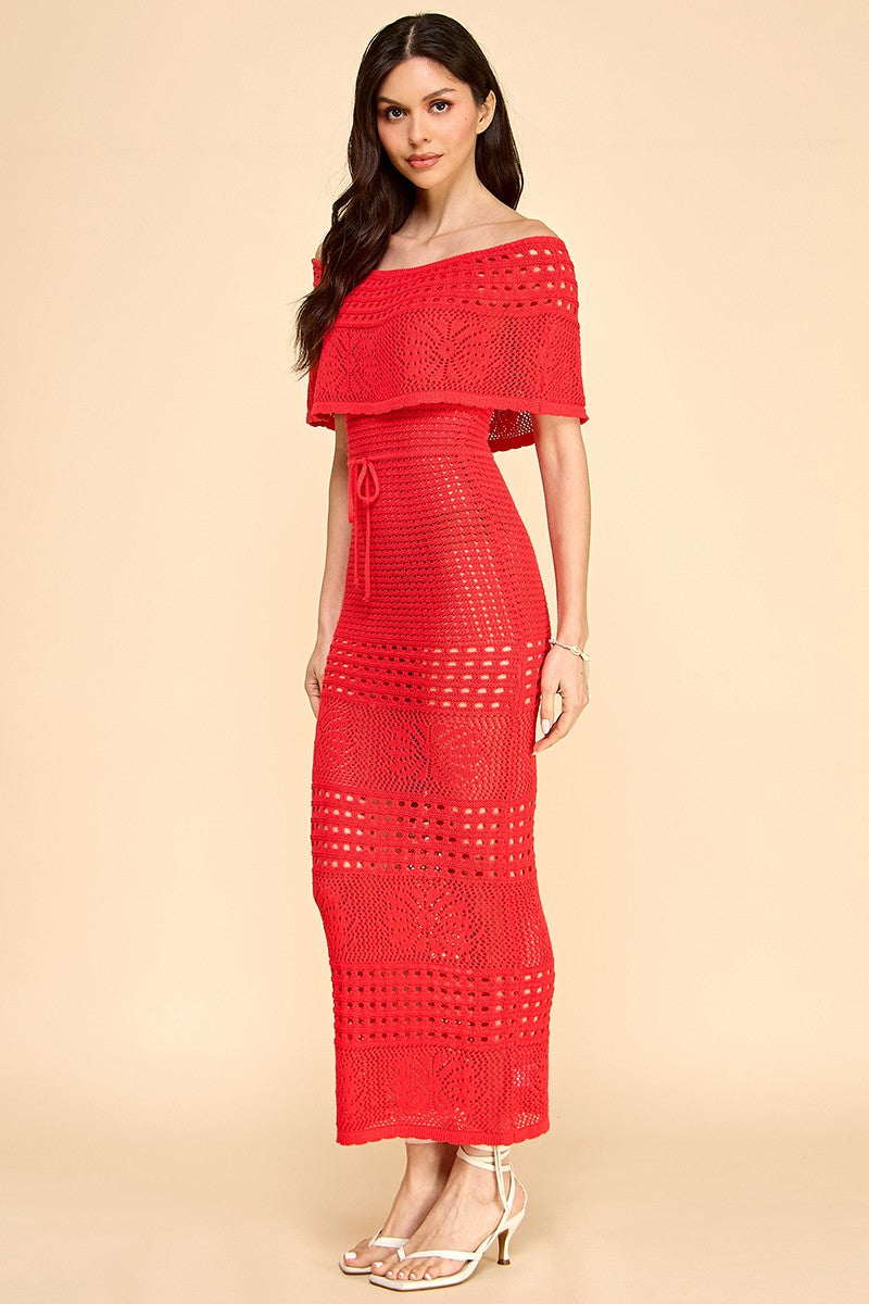 Off the Shoulder Beach Crochet Midi Dress- Red