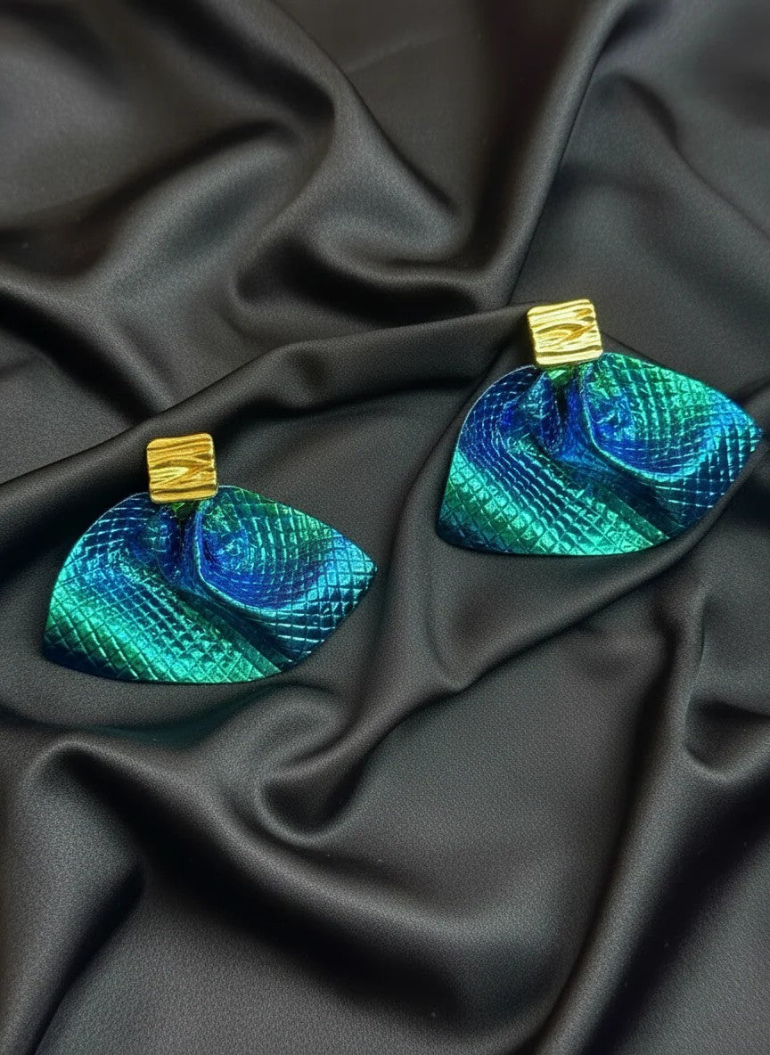 Blue Green Leather Ruffle Earrings Gold Studs (PRE-ORDER)