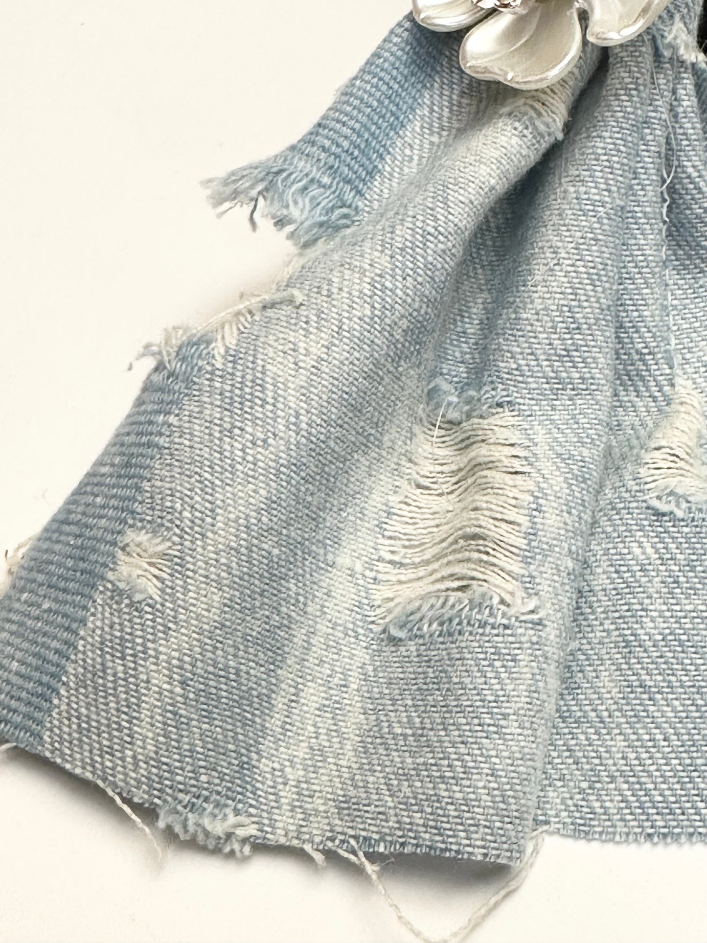 Light Destroyed Denim Earrings With Pearl Flowers (PRE-ORDER)