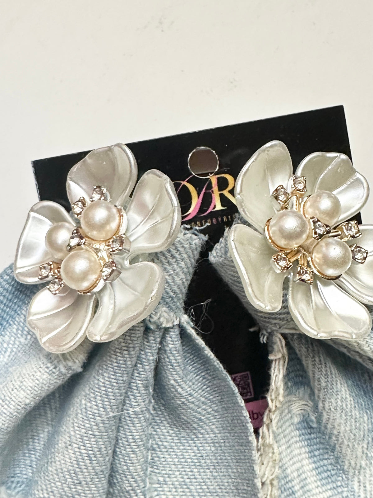 Light Destroyed Denim Earrings With Pearl Flowers (PRE-ORDER)