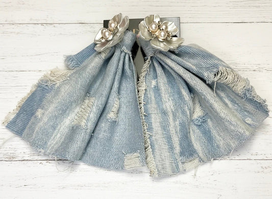 Light Destroyed Denim Earrings With Pearl Flowers (PRE-ORDER)