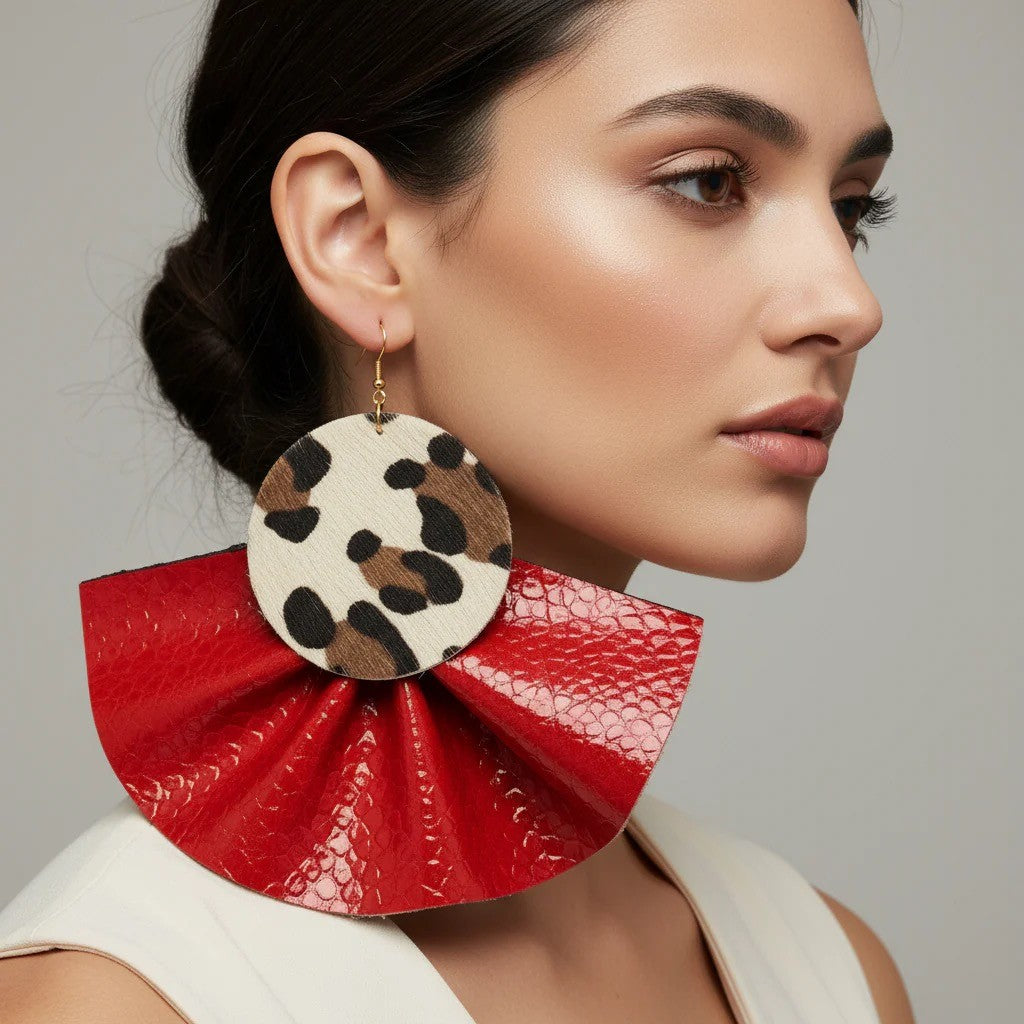 Oversized Statement Leopard And Red Ruffle Earrings (PRE-ORDER)