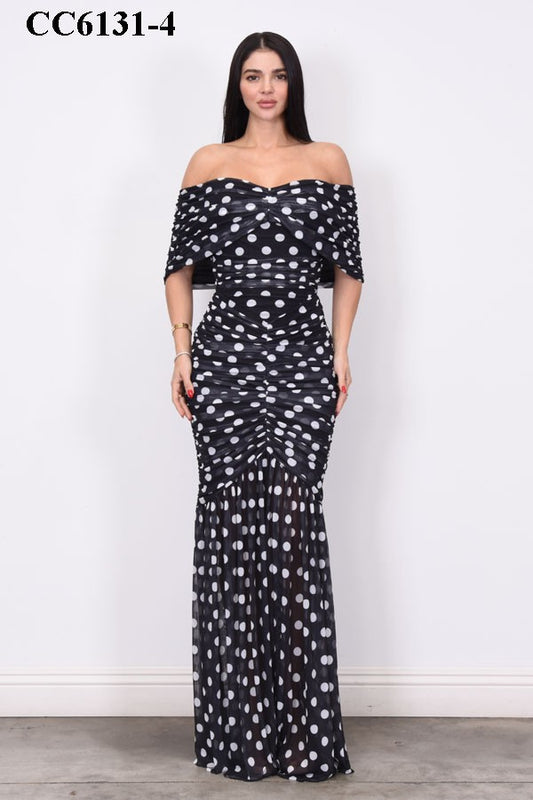 Polka Dot Print on Mesh Off Shoulder Maxi Dress- Black (PRE-ORDER)