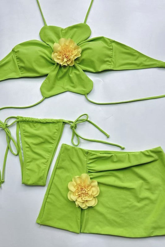Yellow Blossom on Green 3-Piece Swimwear Set