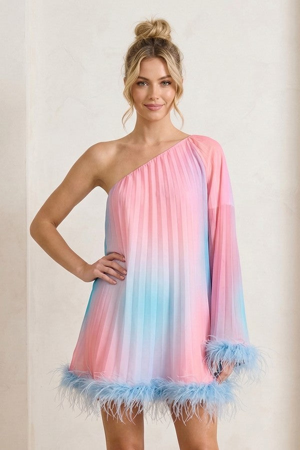 Neapolitan Ombre One Shoulder Long Sleeve Pleated Dress – S&E Retail Expo