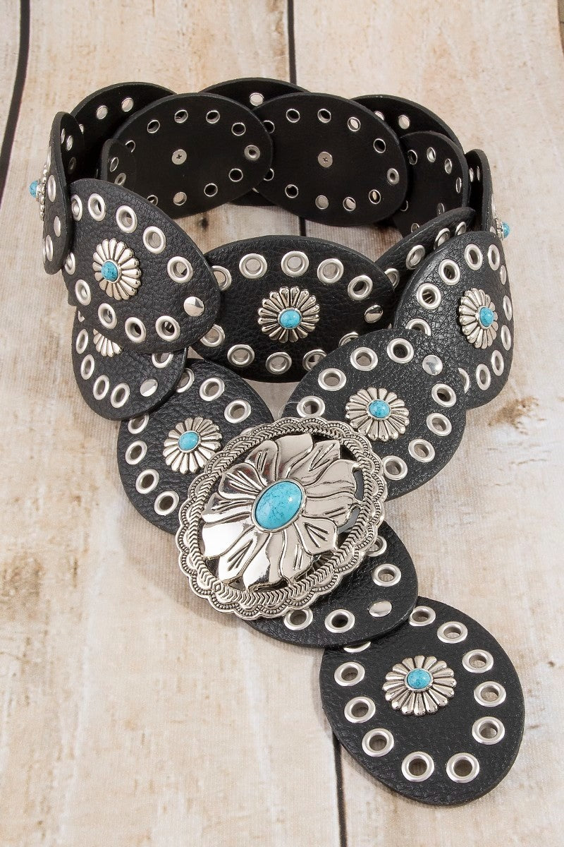 Western Turquoise Concho Disc Leather Belt