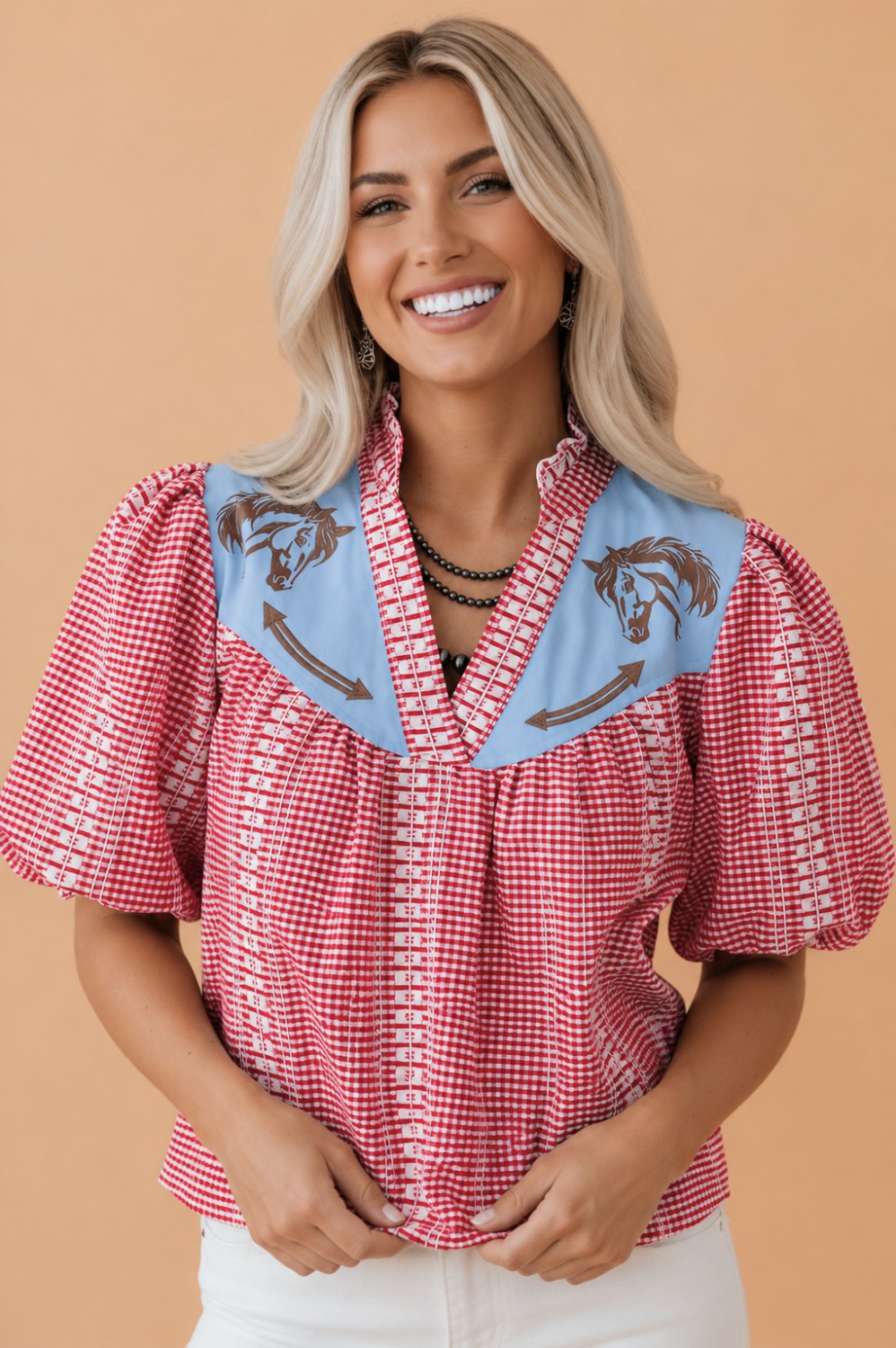 Blusa Xadrez Gingham com Manga Bufante e Bordado de Pônei Ocidental