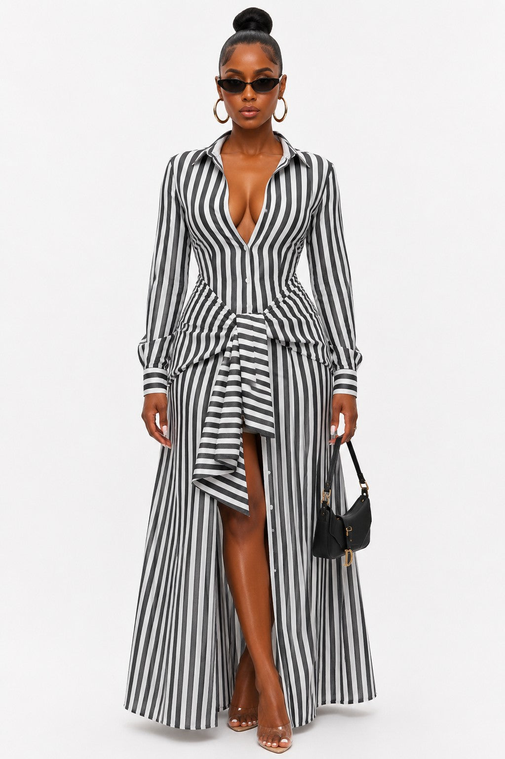 Grey & White Striped Long Sleeve Maxi Dress w/ Knot