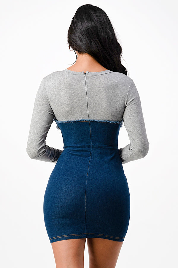Long Sleeve Denim Dress w/ Rib Fabric