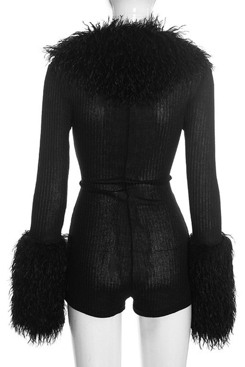 Feathery Trimmed Ribbed Romper- Black