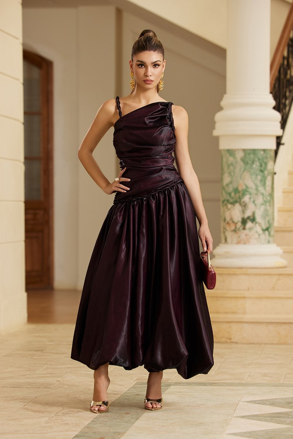 Satin Ruched Asymmetric Strap Bubble Hem Midi Dress- Wine