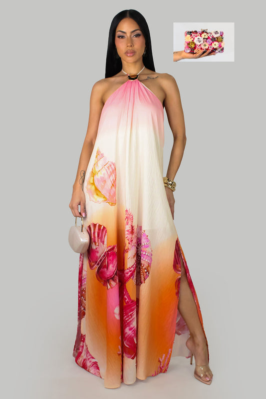 Coastal Romance Open Back Slit Maxi Dress w/ or w/o Clutch- Pink