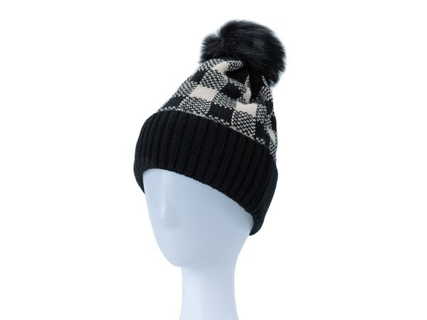 CHECKERED POM POM BEANIE-4 COLORS