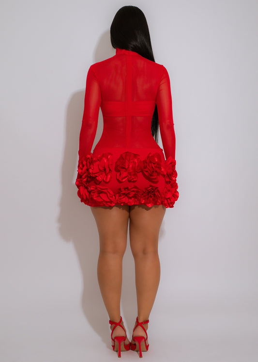 Daring 3D Flower Rose Pop Mesh Mini Dress- Red