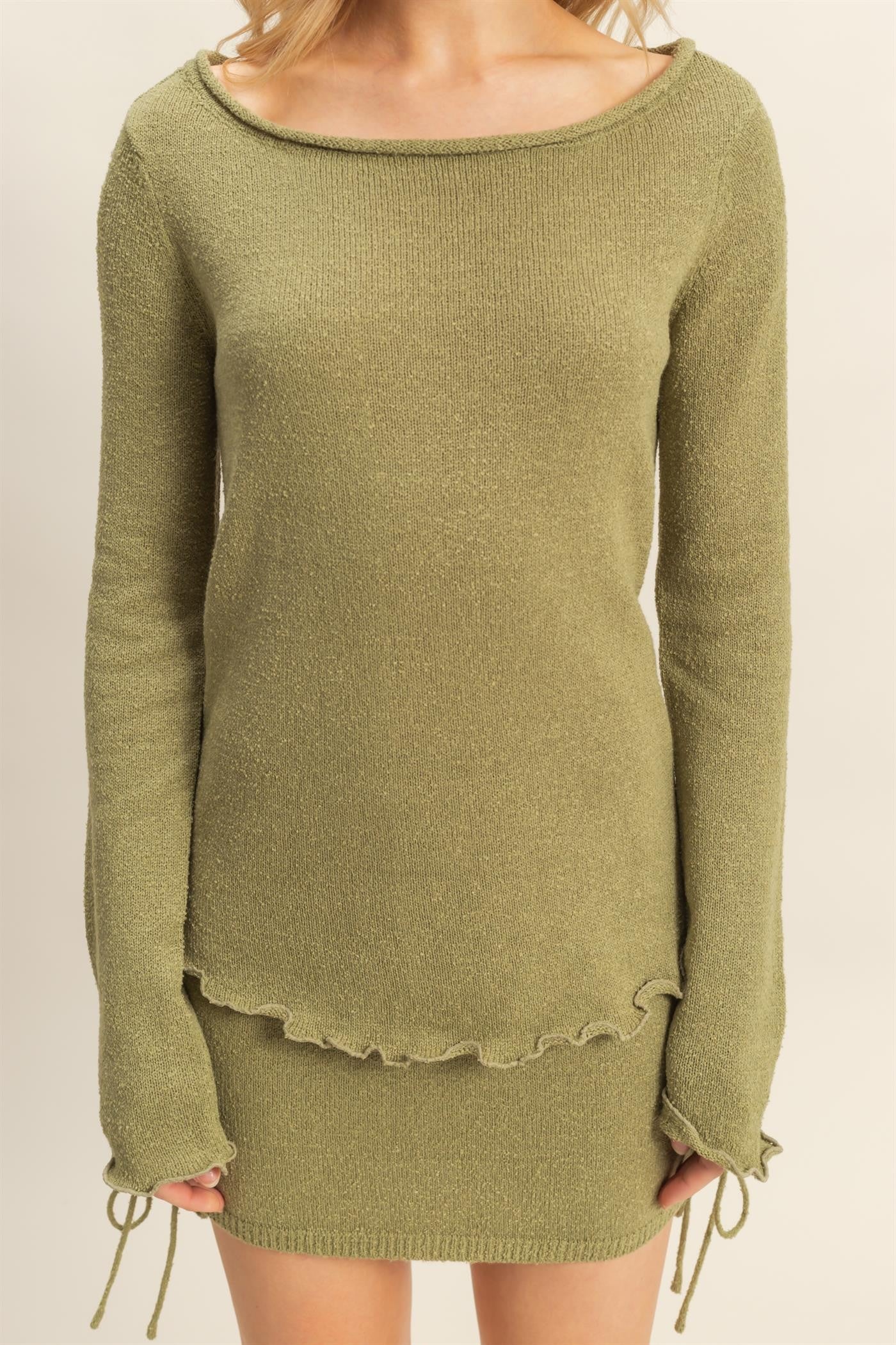 Chill Mode Long Sleeve Top & Ruched Laced Up Side Mini Skirt Set- Green