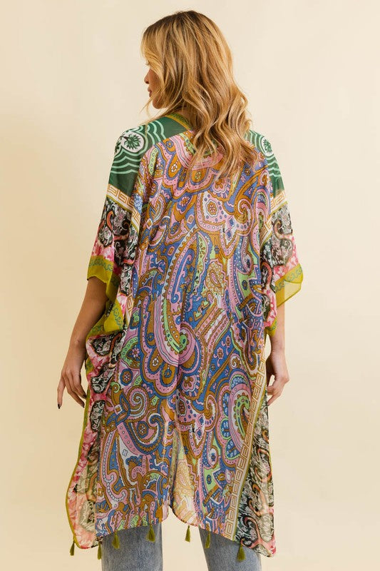 Paisley Print Open Front Kimono w/ Cinched Arms-3 Colors