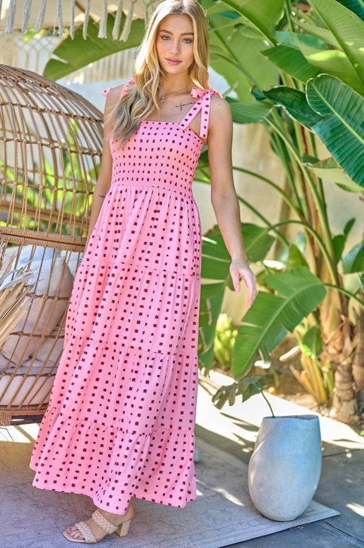 Shoulder Tied Smocked Ruffle Square Dot Printed Sundress