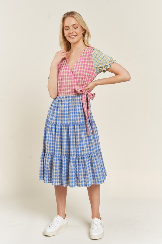 PLUS SIZE COLORBLOCK GINGHAM DRESS
