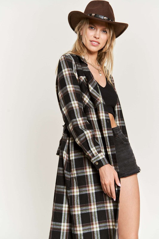 PLUS SIZE PLAID PRINT COLLAR LONG SHIRT DRESS-3 COLORS