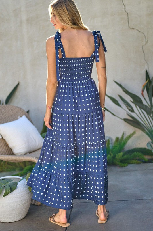 Shoulder Tied Smocked Ruffle Square Dot Printed Sundress