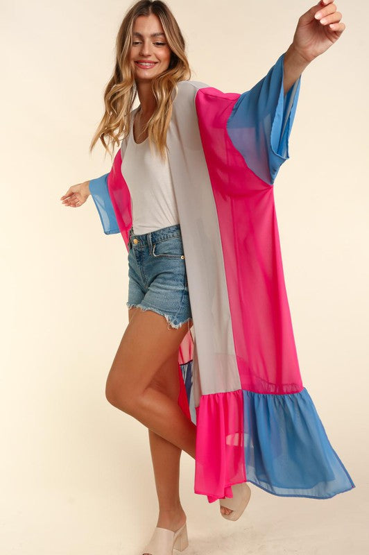 PLUS SIZE COLOR BLOCK KIMONO MAXI OPEN CARDIGAN