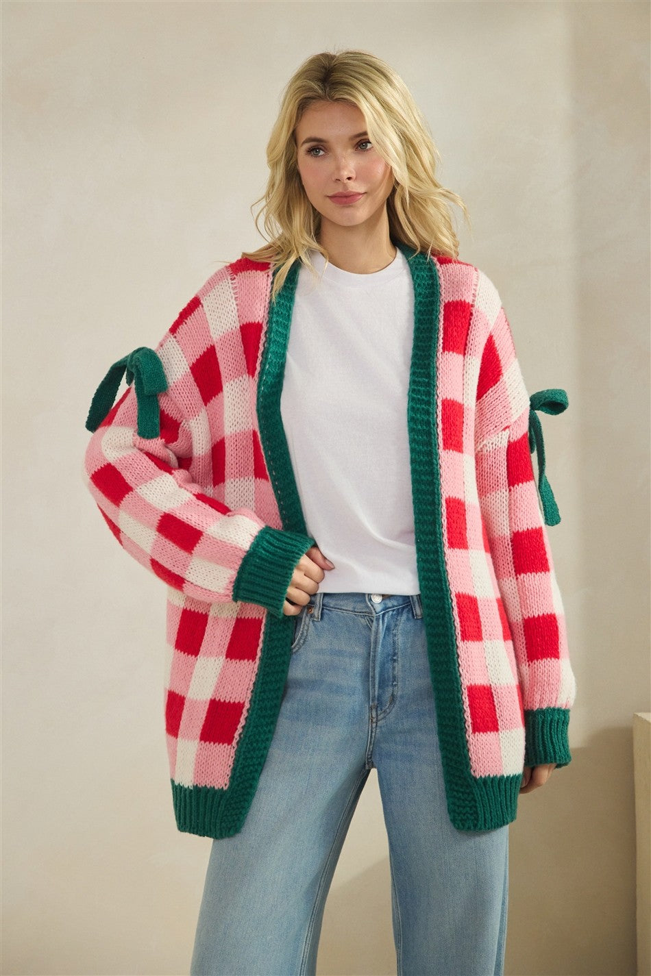 Christmas Plaid Bow Open Front Sweater Knit Cardigan