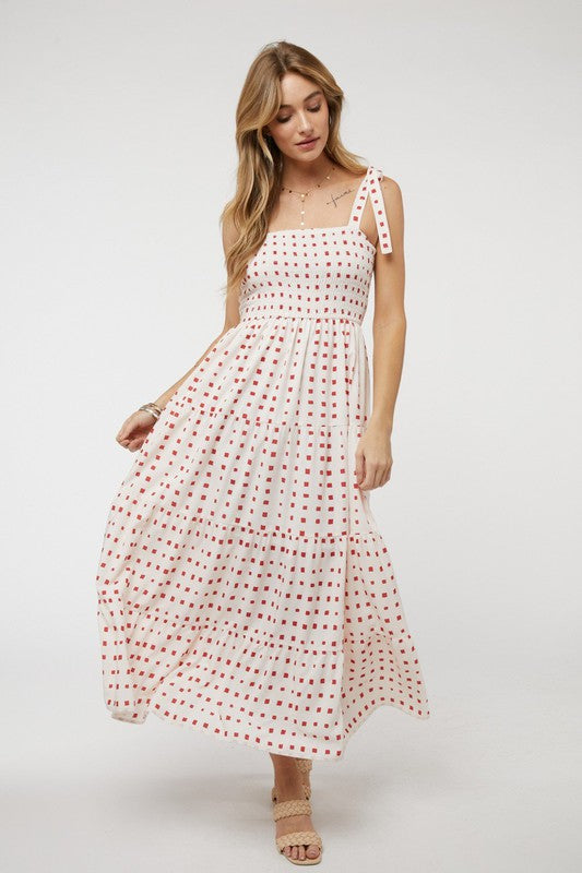Shoulder Tied Smocked Ruffle Square Dot Printed Sundress