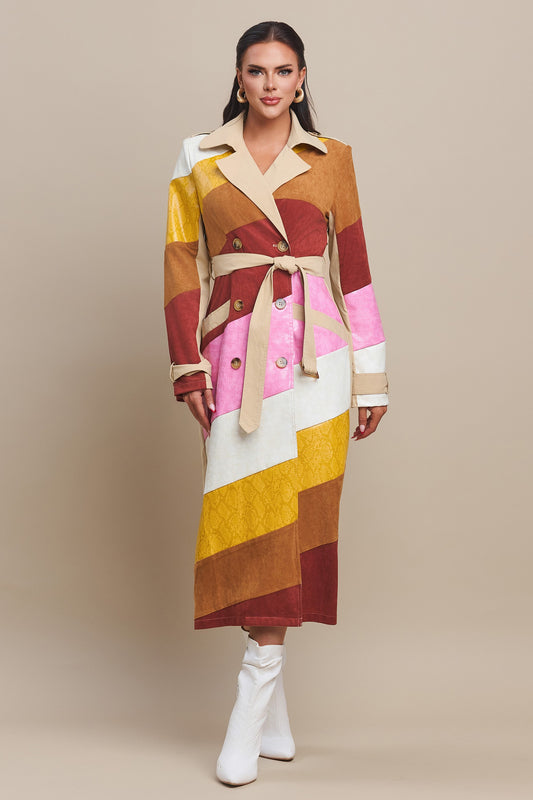 Leather & Suede Color Block Trench Coat- PRE-ORDER