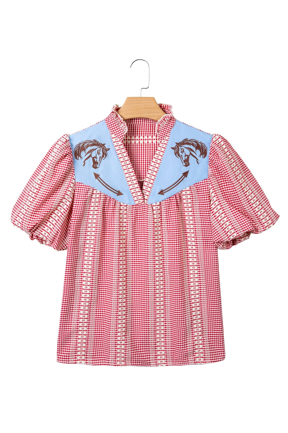 Blusa Xadrez Gingham com Manga Bufante e Bordado de Pônei Ocidental