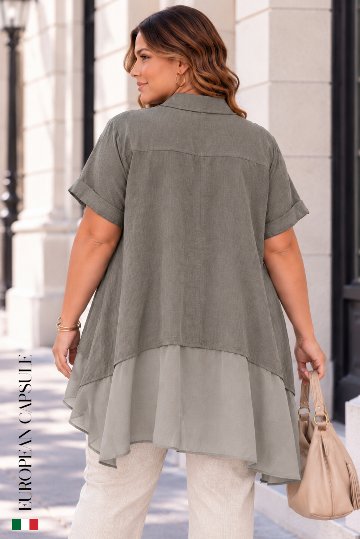 Italian Linen Notte Fiorentina High Low Blouse- Gray