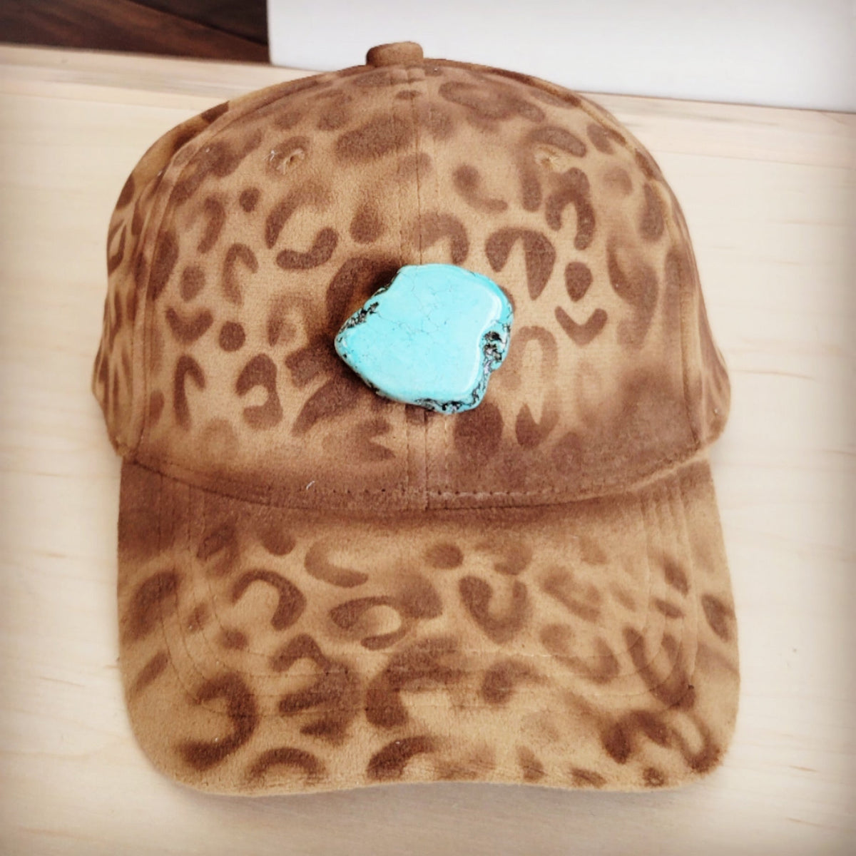 **Hand-Painted Leopard Suede Baseball Cap Tan w/ Turq 986u