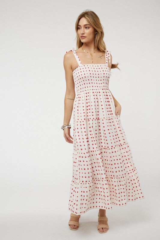 Shoulder Tied Smocked Ruffle Square Dot Printed Sundress