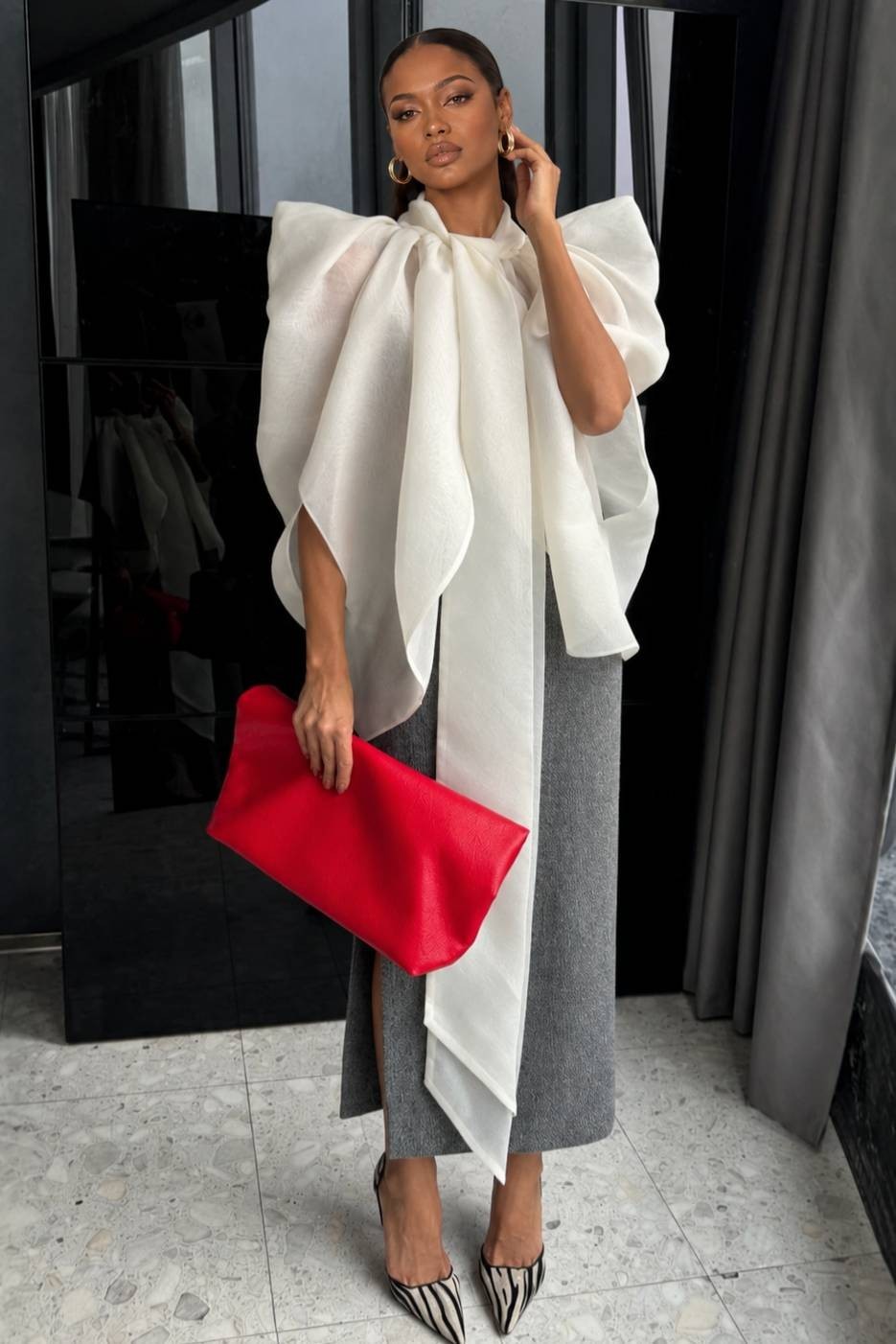 Organza Oversized Bow Blouse Top- Ivory